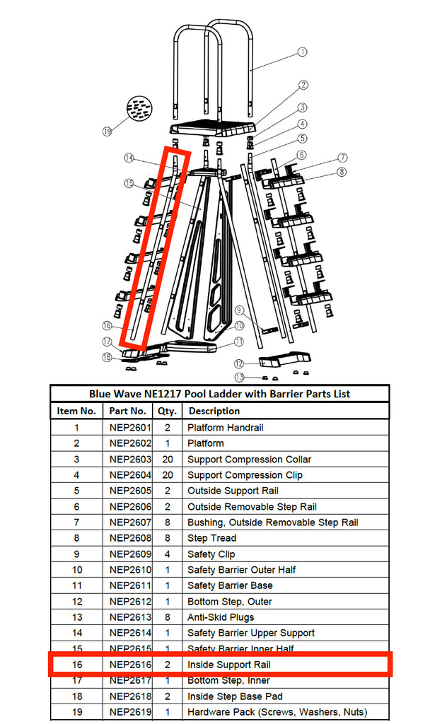 Replacement Part NEP2616 Inside Support Rail