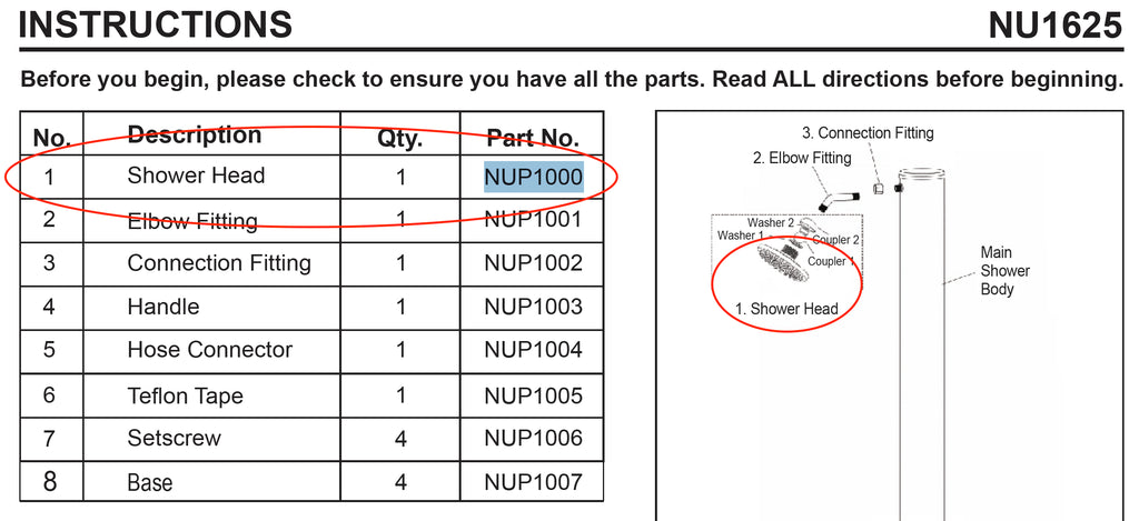 Replacement Part NUP1000 Shower Head Part No. 1