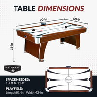 Air hockey table with dimensions and space needed on a white background