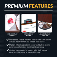 Product features with images and text on a black background