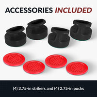 Black and red accessories including strikers and pucks on a white background with text indicating included items.