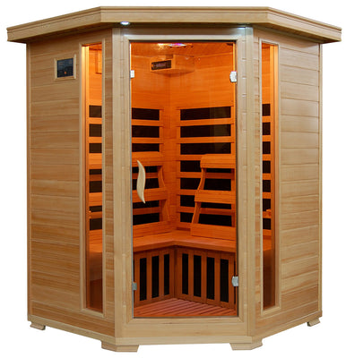 Sante Fe 3 Person Hemlock Corner Infrared Sauna with 7 Carbon Heaters