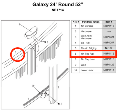 Replacement Part NBP1115 1 Inch Rail for 24' Diameter Pool