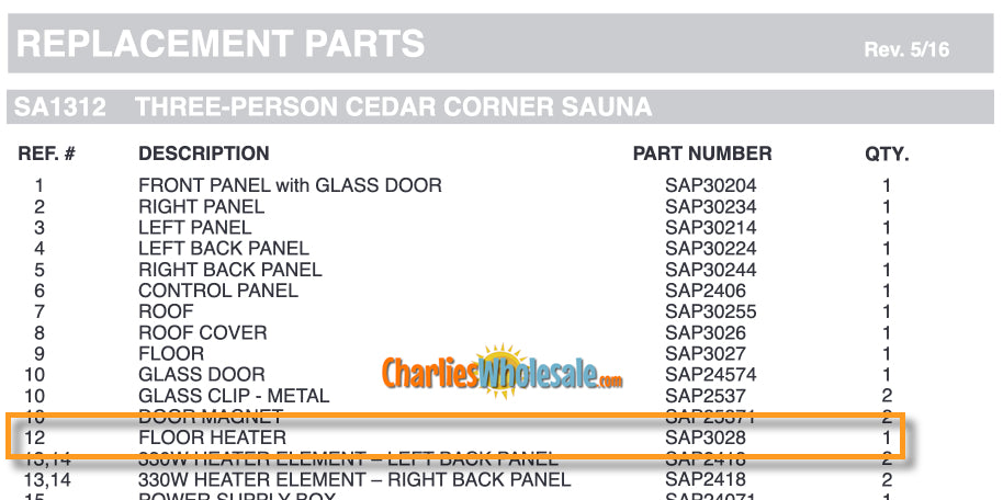Replacement Part SAP3028 Floor Heater Versions #2, #3, and #4