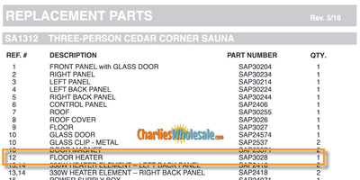 Replacement Part SAP3028 Floor Heater Versions #2, #3, and #4